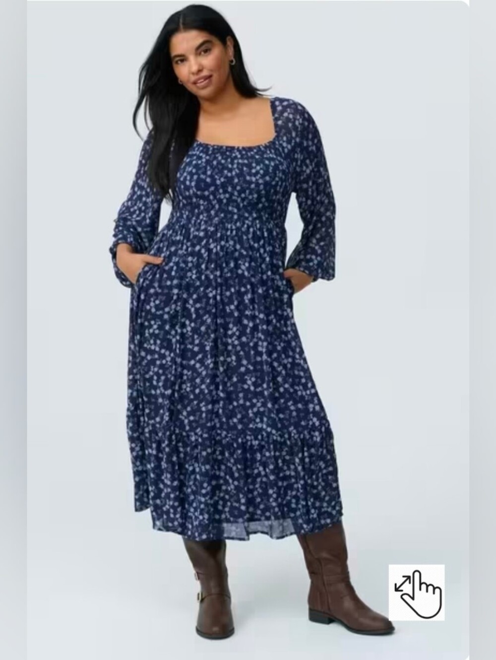 Navy Ditsy Floral Square-Neck Midi Dress